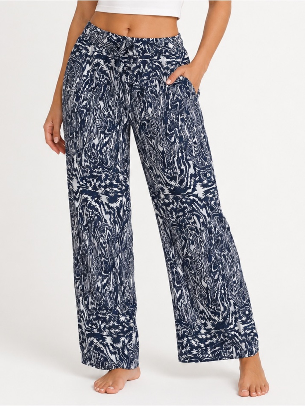 Hester & Orchard Navy & White Patterned Wide-Leg Pants